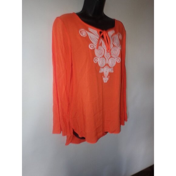 Melissa Page Womens M Embroidered Orange Boho Blouse Tie Neck & Long Sleeves New - Picture 4 of 6
